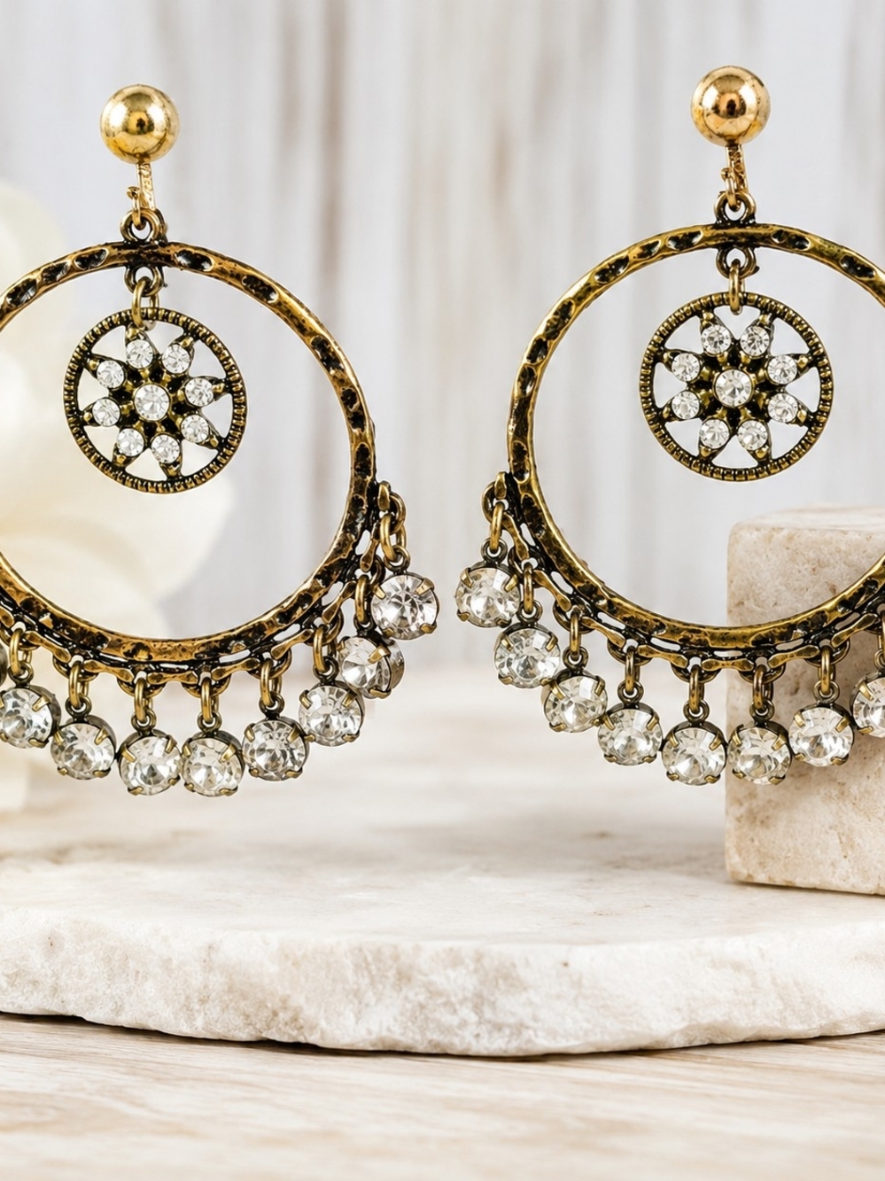 Vintage Boho Chandelier Earrings Gold Tone Rhinestone Hoop Dangle Statement